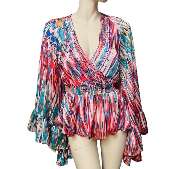 Karen Millen Beaded Embellished Drama Kimono Top Size 6 Wide Long Sleeves - Picture 4 of 13